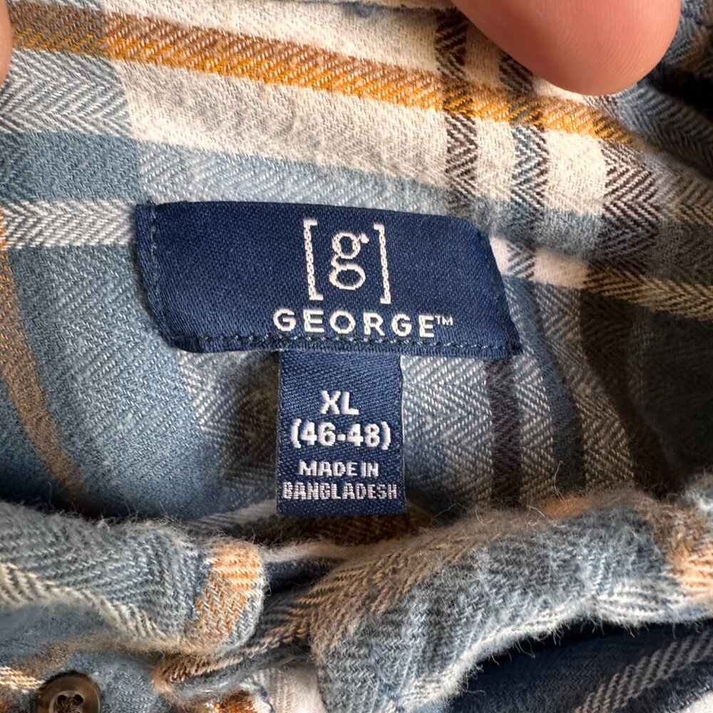 George Casual Button Down Mens XL Blue White Plaid Rugged Flannel Shirt - Picture 6 of 6